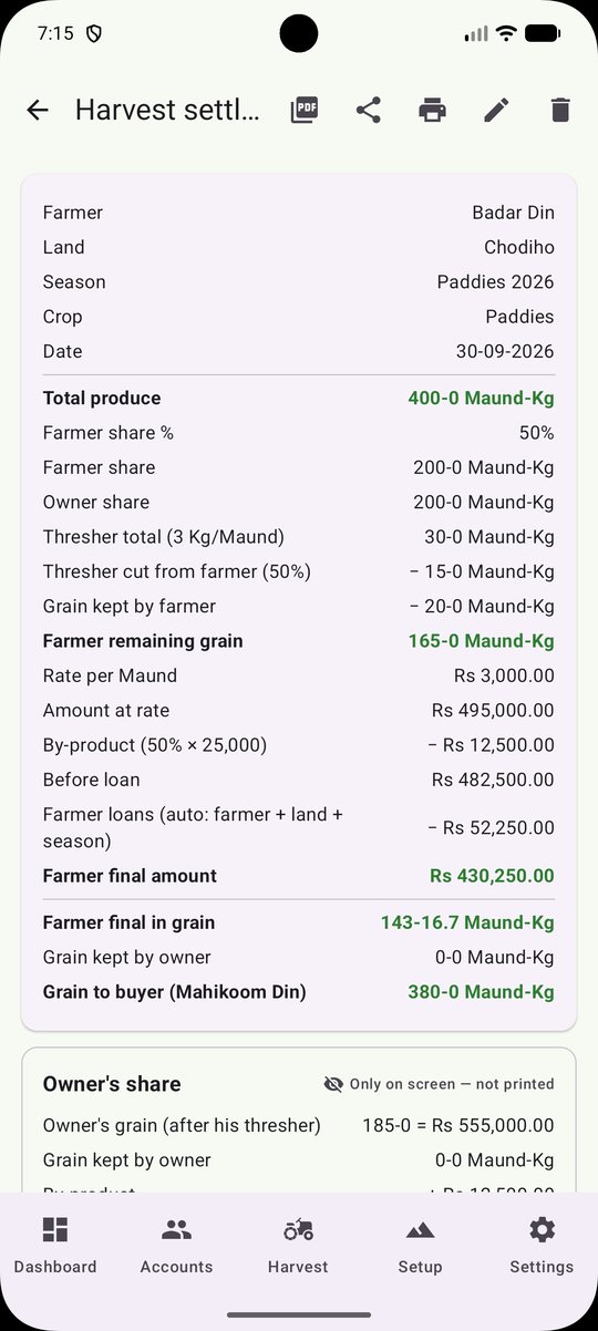 Harvest settlement with the farmer's final amount