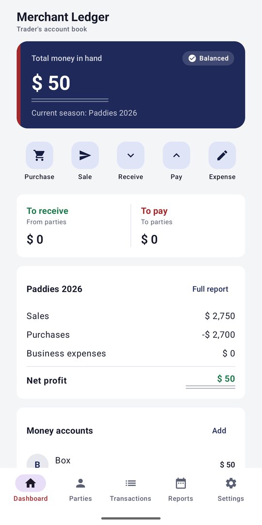 Dashboard with money in hand, quick actions and season profit