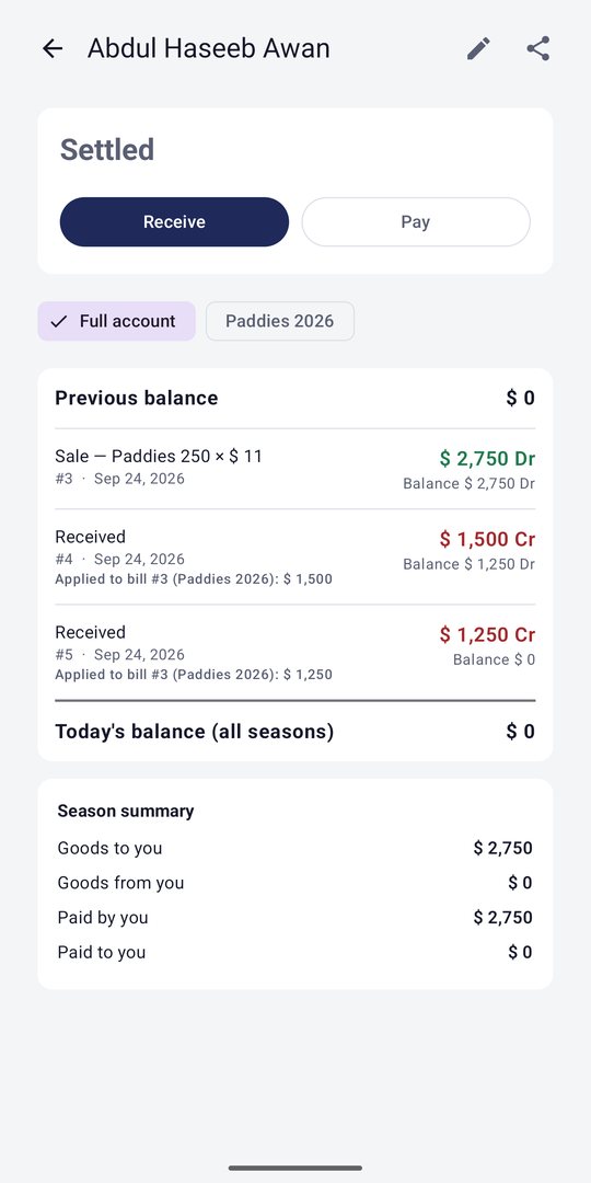 Party statement with debit, credit and balance