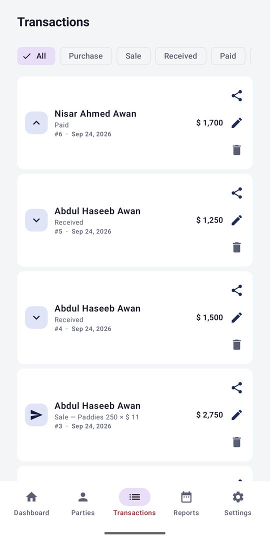 Transactions list with filters